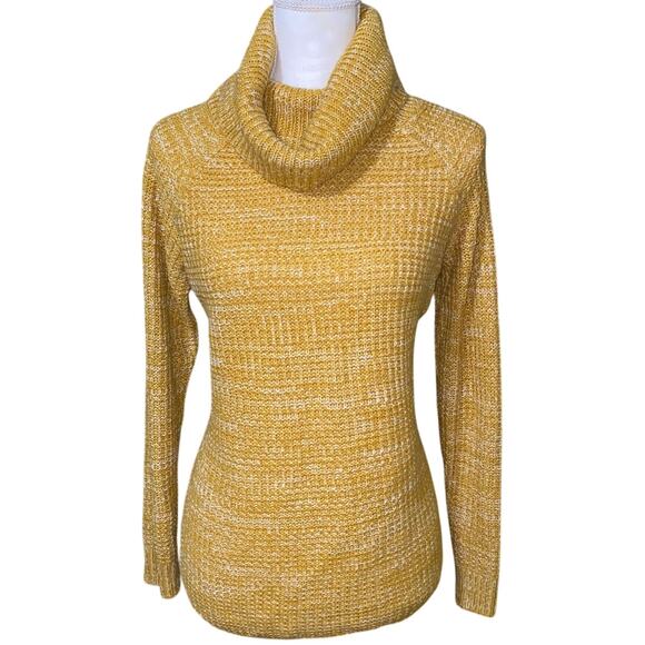 It's Our Time Women's Waffle Knit Mustard Yellow Cowl Neck Size Medium White - Picture 1 of 9